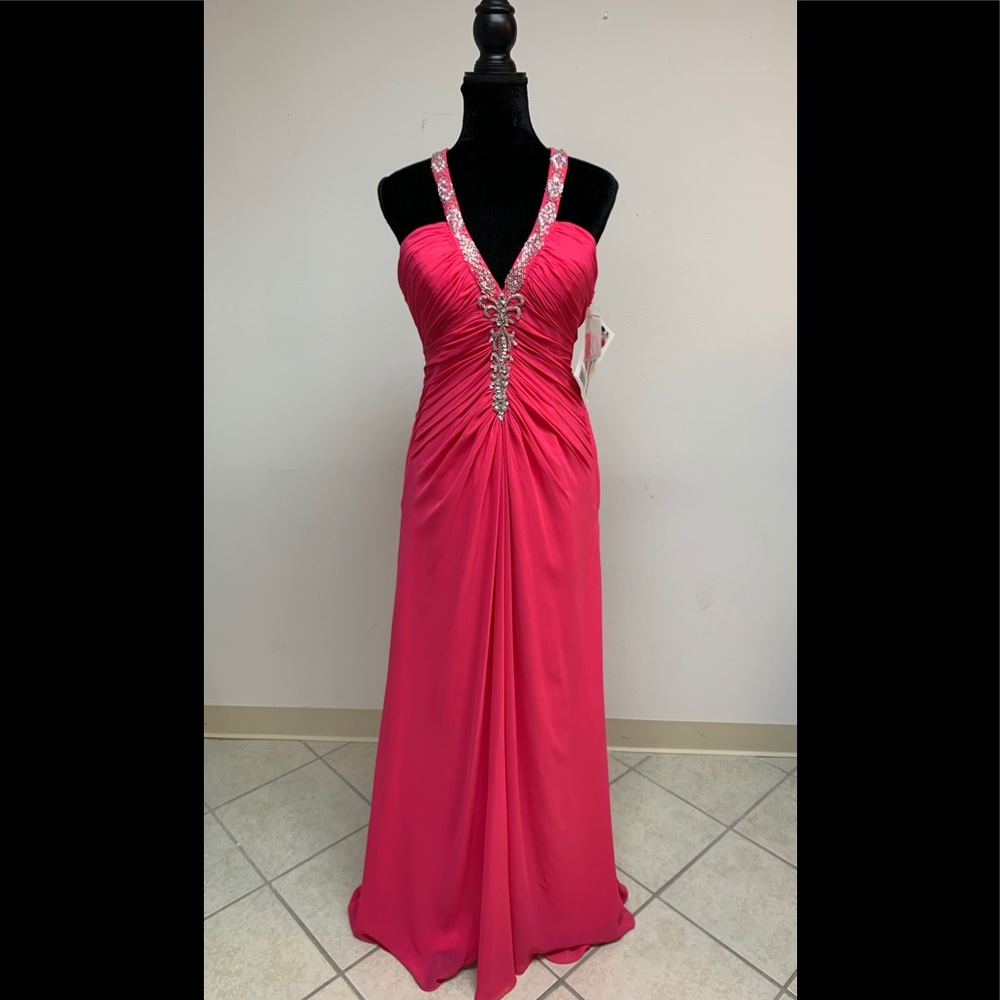 Sz 12 Pink Beaded Open Back Prom Party Homecoming Pageant Formal Gown Dress NWT